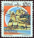 ITALY - CIRCA 1980: A stamp printed in Italy shows Aragonese Castle, Ischia, circa 1980. Royalty Free Stock Photo