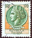 ITALY - CIRCA 1968: A stamp printed in Italy shows an Ancient coin of Syracuse, circa 1968.