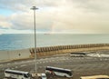 Italy, Civitavecchia, October 07, 2018: View of the pier and Parking of tourist buses, from the deck of the cruise liner MSC