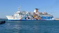 Italy, colourful Moby Lines ferry boat in Tyrrhenian sea.