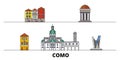 Italy, Como flat landmarks vector illustration. Italy, Como line city with famous travel sights, skyline, design.