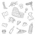 Italy country nation doodle hand drawn set collections with outline black and white style Royalty Free Stock Photo