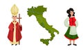 Italy Country Symbols with Supreme Pontiff, Woman Wearing National Clothing and State Boundaries Vector Set Royalty Free Stock Photo