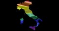 Italy country territory outline shape with LGBT rainbow flag on black background
