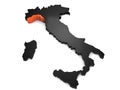 Italy 3d black and orange map, with Liguria region highlighted.