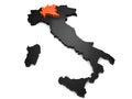 Italy 3d black and orange map, with Lombardy region highlighted.
