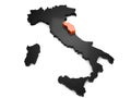 Italy 3d black and orange map, with Marche region highlighted.