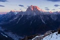 Italy, Dolomites, Alps - wonderful scenery, above the clouds at beautiful day in winter with first snow, Italy. Monte Antelao Royalty Free Stock Photo