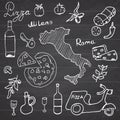 Italy doodles elements. Hand drawn set with pizza scooter, wine, cheese and map. Drawing doodle collection, on chalkboard Royalty Free Stock Photo