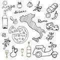 Italy doodles elements. Hand drawn set with pizza scooter, wine, cheese and map. Drawing doodle collection, isolated on white bac Royalty Free Stock Photo