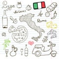 Italy doodles elements. Hand drawn set with pizza scooter, wine, cheese and map. Drawing doodle collection, on paper background