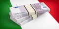 Italy, economy crisis. Euro banknotes on Italy flag. 3d illustration