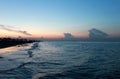 Italy. Emilia-Romagna. Rimini. Sunset on sea on blue pink sky background, horizontal view.