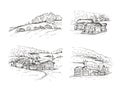 Italy, Europe. Sketch vector set hand drawn village houses on the mountain. Vintage rural landscapes. Black line isolated on white Royalty Free Stock Photo