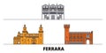 Italy, Ferrara flat landmarks vector illustration. Italy, Ferrara line city with famous travel sights, skyline, design.