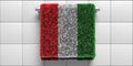 Italy flag bath towel hanging on white wall background. Sanitary, hygiene, concept. 3d illustration