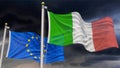 Italy flag and EU flag in front of cloudy sky Royalty Free Stock Photo