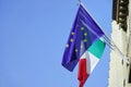 Italy flag and Europe flag waving together
