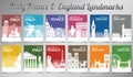 Italy France and England famous landmark and symbol in silhouette style with multi color brochure set