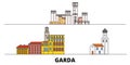 Italy, Garda flat landmarks vector illustration. Italy, Garda line city with famous travel sights, skyline, design.