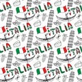 Italy hand drawn seamless pattern with flag. Vector travel background. Italia lettering in italian language