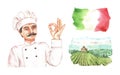 Italy illustration set. Watercolor illustration. Chef shows ok hand gesture, italy flag, landscape with grape fields