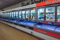 Showcases and refrigerated shelves counter for the sale of frozen foods. Royalty Free Stock Photo