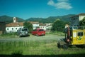 Italy - 28 June 2018: The yellow Plasser and Theurer on Trenitalia in the italian outskirts track