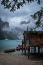 Italy, wonderful lake Lago di Braies in Dolomites mountains.