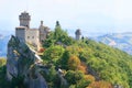 Italy. The landmark of San Marino, a beautiful view of the three towers on the peaks of Mount Monte Titano on a nice summer day