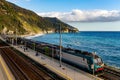 Italy. Liguria. Cinque Terre. .Train in Corniglia Station Royalty Free Stock Photo