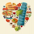 Italy love - heart shape with vector icons. Travel Concept