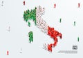 Taly Map and Flag. A large group of people in Italian flag color form to create the map.