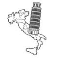 Italy map and Leaning Tower of Pisa sketch vector Royalty Free Stock Photo