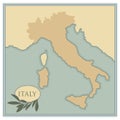 Italy map with olives, branches and olive leaves. Retro style.