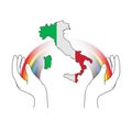 Italy map with a rainbow for hope and wish. Everything will be fine. Italian slogan: Andra tutto bene. Motivational phrase