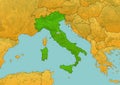 Italy map showing country highlighted in green color with rest of European countries in brown