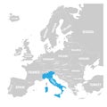 Italy marked by blue in grey political map of Europe. Vector illustration