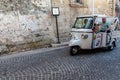 Italy. Matera. Typical Italian three-wheeler lorry, used to accompany tourists to the most characteristic places of the old city