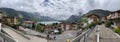 Italy, Molveno, 04 May 2019: The picturesque landscape of a panorama of the town of Molveno on the lake of the same name