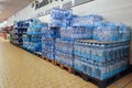 Mineral water in plastic bottles packaged on pallet