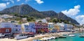 Italy, panoramic view of scenic colorful streets of Capri town on Capri Island in Capri harbor