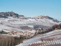 Italy Piedmont: Barolo wine yards unique landscape winter snow, La Morra medieval village castle on hill top, italian historical