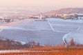 Italy Piedmont: Barolo wine yards unique landscape winter sunset, medieval village castle on hill top, italian historical heritage