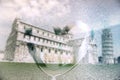 Italy, Pisa, the leaning tower in rainy day with draw heart on wet glass