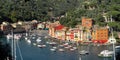 An aerial view of the colorful Portofino waterfront and marina