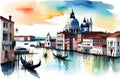 Italy postcard, travelling concept. Venice, watercolor illustration of water canals with gondolas