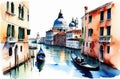 Italy postcard, travelling concept. watercolor illustration of water canals with gondolas in Venice