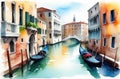 Italy postcard, travelling concept. watercolor illustration of water canals of Venice with gondolas