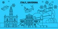 Italy, Ravenna winter holidays skyline. Merry Christmas, Happy New Year decorated banner with Santa Claus.Italy, Ravenna